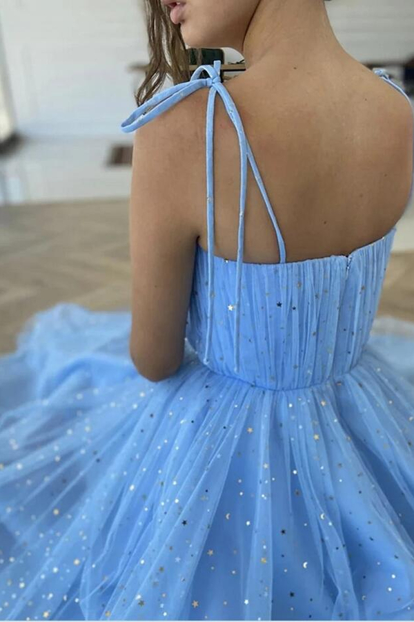 Sky Blue Spaghetti Straps Sequins Short Casual Dress | Sleeveless Formal Dress