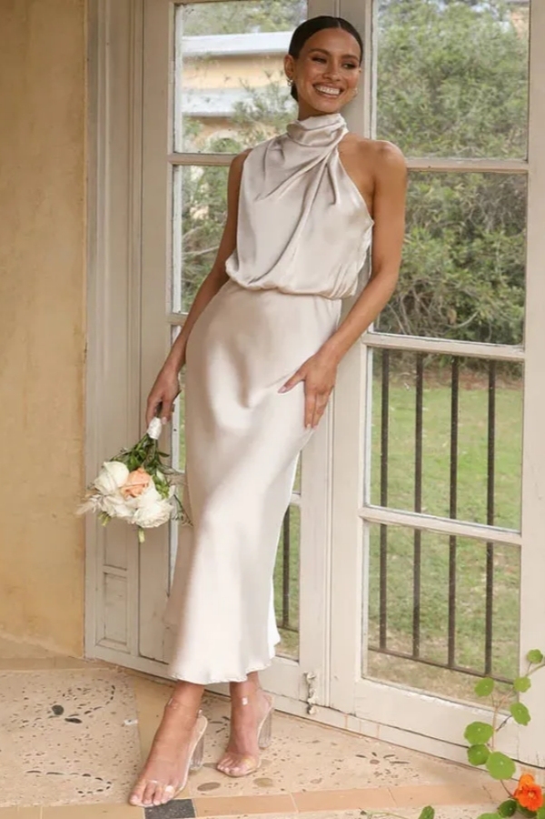 Sleeveless Ankle-Length Bridesmaid Dresses Ruched Satin High Neck Formal Dress