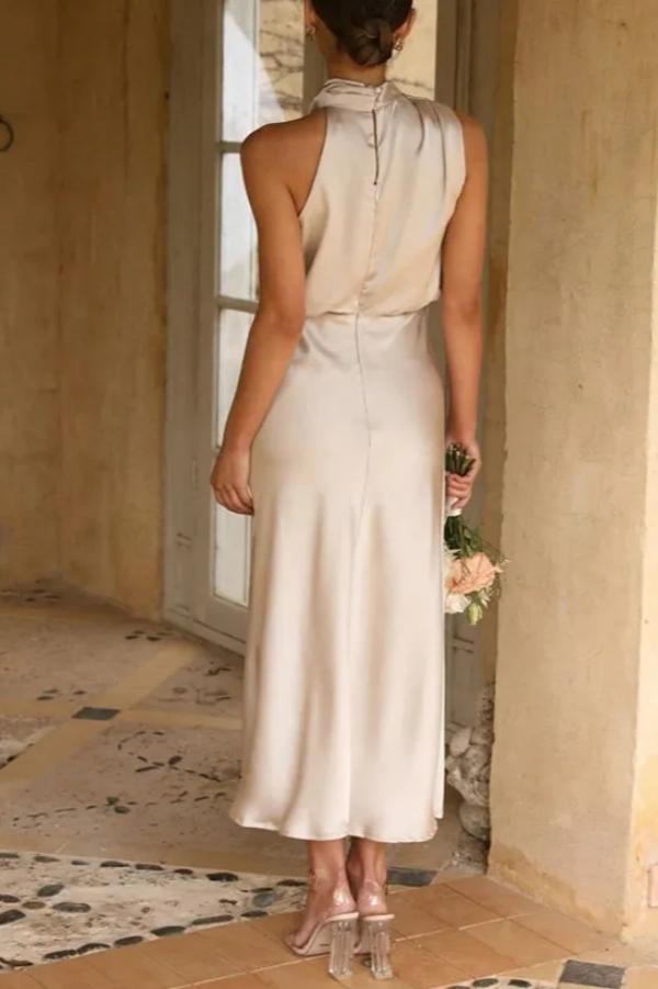 Sleeveless Ankle-Length Bridesmaid Dresses Ruched Satin High Neck Formal Dress