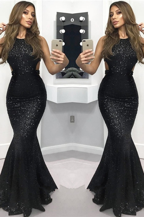 Sleeveless Black Sequins Evening Dresses Sexy Mermaid Prom Dresses