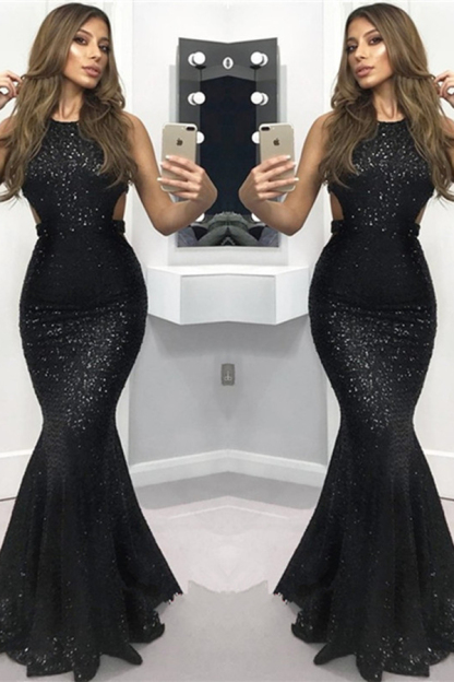 Sleeveless Black Sequins Evening Dresses Sexy Mermaid Prom Dresses