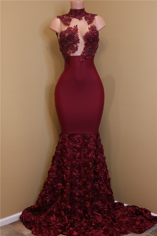 Sleeveless Burgundy Lace Prom Dress with Rose Bottoms