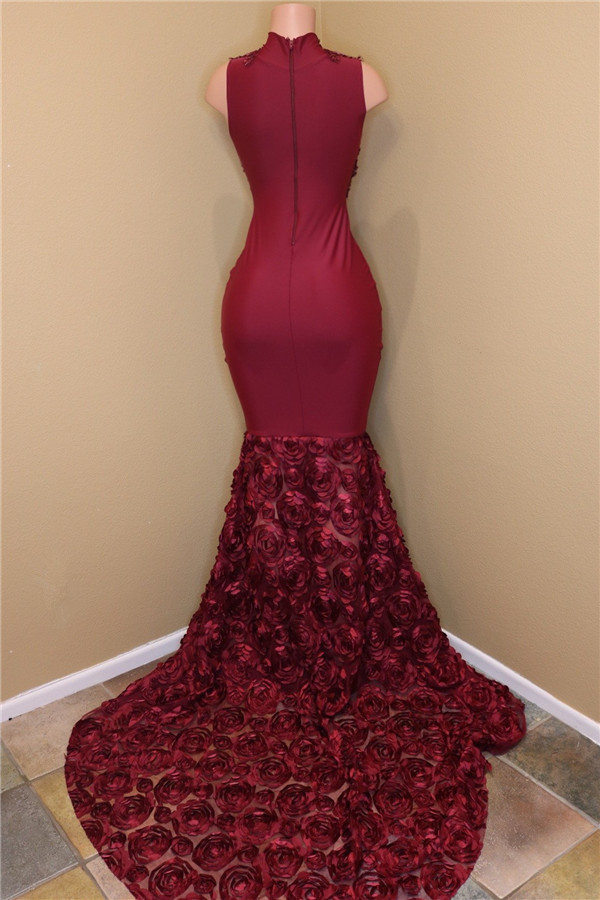 Sleeveless Burgundy Lace Prom Dress with Rose Bottoms