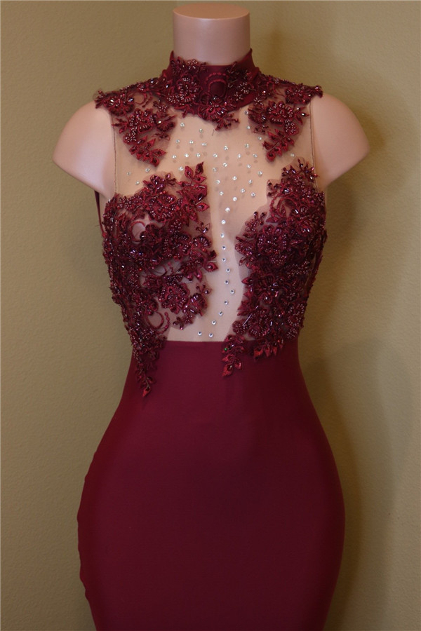 Sleeveless Burgundy Lace Prom Dress with Rose Bottoms