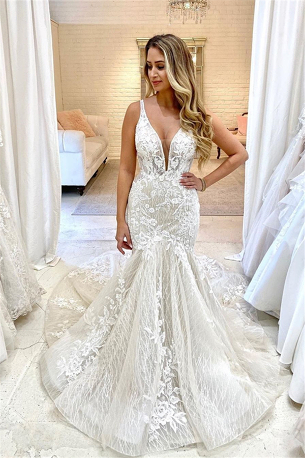 Sleeveless Deep V-Neck Mermaid Summer Bridal Gown