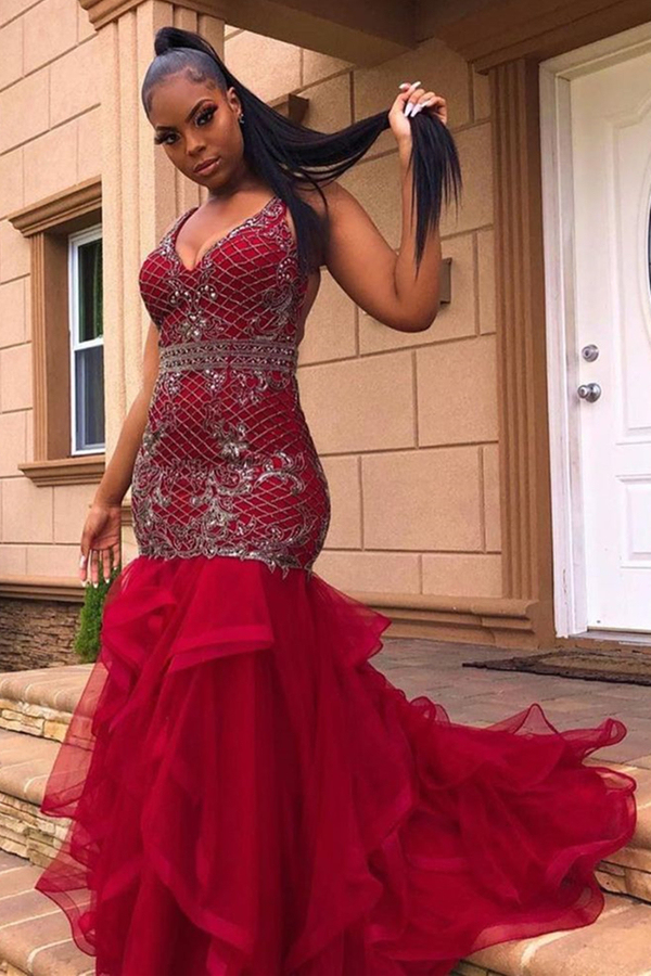 V-Neck Appliqués Evening Gown | Sleeveless Mermaid Prom Dress Puff Sweep Train