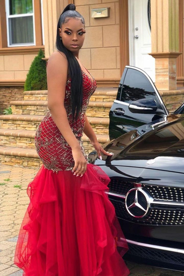 V-Neck Appliqués Evening Gown | Sleeveless Mermaid Prom Dress Puff Sweep Train