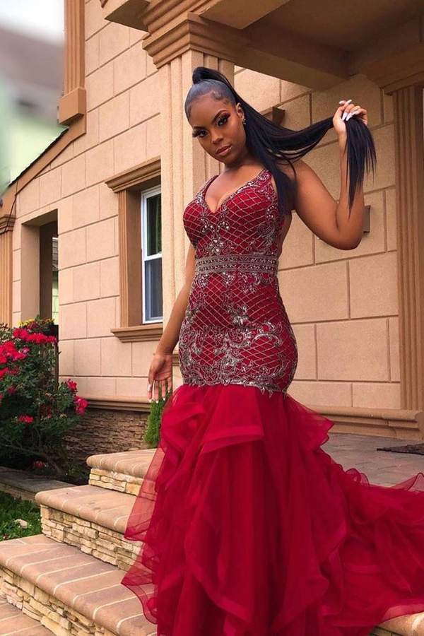 V-Neck Appliqués Evening Gown | Sleeveless Mermaid Prom Dress Puff Sweep Train