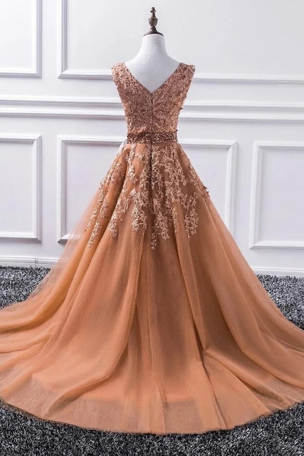 Sleeveless Orange A-Line Tulle Evening Dress V-Neck Lace Appliques Formal Dress