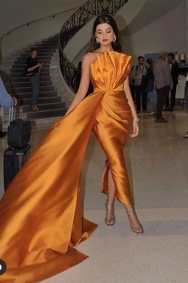 Sleeveless Orange Slim Ruffle Satin Evening Gown with Sweep Train