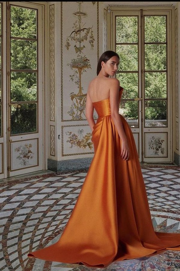 Sleeveless Orange Slim Ruffle Satin Evening Gown with Sweep Train