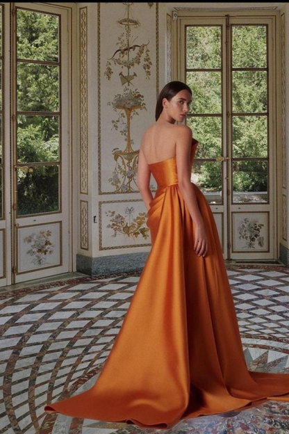Sleeveless Orange Slim Ruffle Satin Evening Gown with Sweep Train