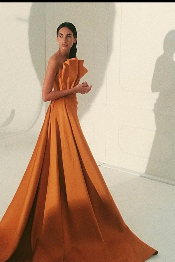 Sleeveless Orange Slim Ruffle Satin Evening Gown with Sweep Train