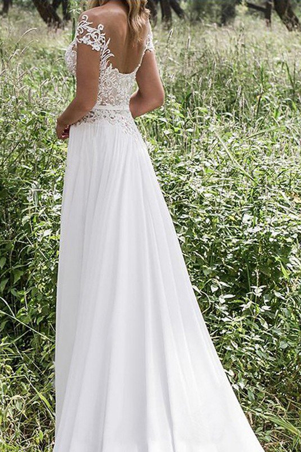 Sleeveless V-Neck Lace Chiffon A-Line Floor-Length Wedding Dress