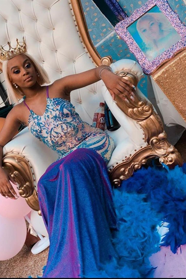 Spaghetti Slim Mermaid Long Evening Dress | Sparkly Sleeveless Party Dress