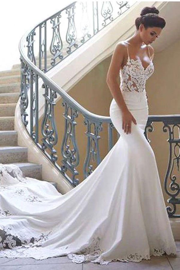 Spaghetti Strap Lace Wedding Dress with Chapel Train
