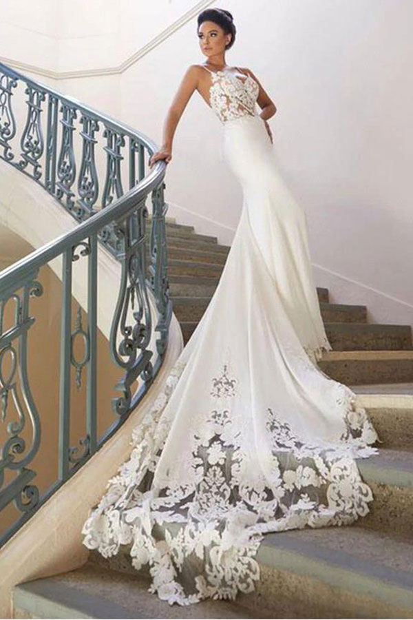 Spaghetti Strap Lace Wedding Dress with Chapel Train