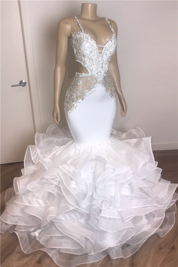 Spaghetti Strap Mermaid Ruffled White Prom Dress with Open Back