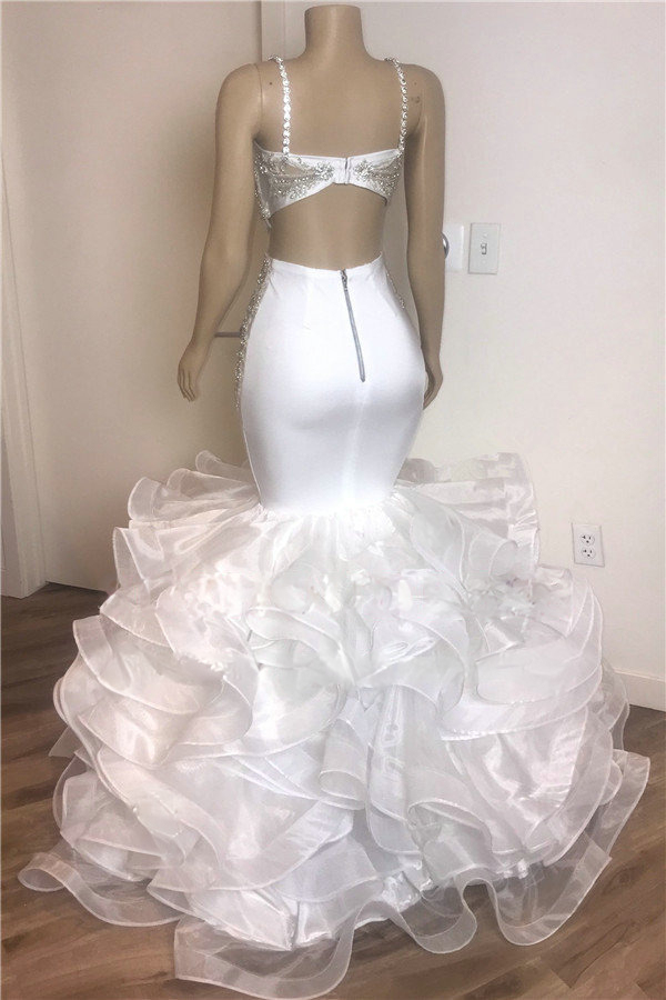 Spaghetti Strap Mermaid Ruffled White Prom Dress with Open Back