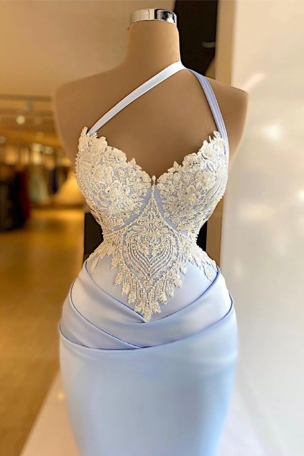 Spaghetti Strap Mermaid Satin Floral Lace Prom Dress