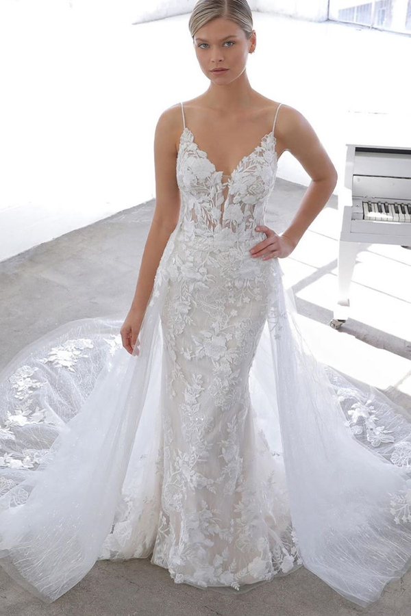 Spaghetti Strap See-Through Lace Column Wedding Dress with Tulle Overskirt