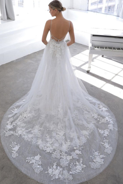 Spaghetti Strap See-Through Lace Column Wedding Dress with Tulle Overskirt