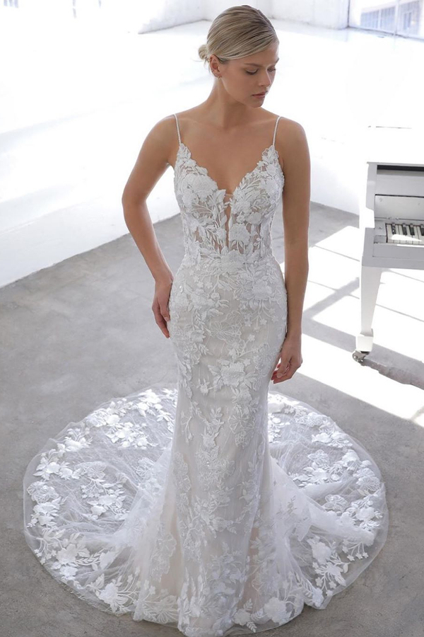 Spaghetti Strap See-Through Lace Column Wedding Dress with Tulle Overskirt