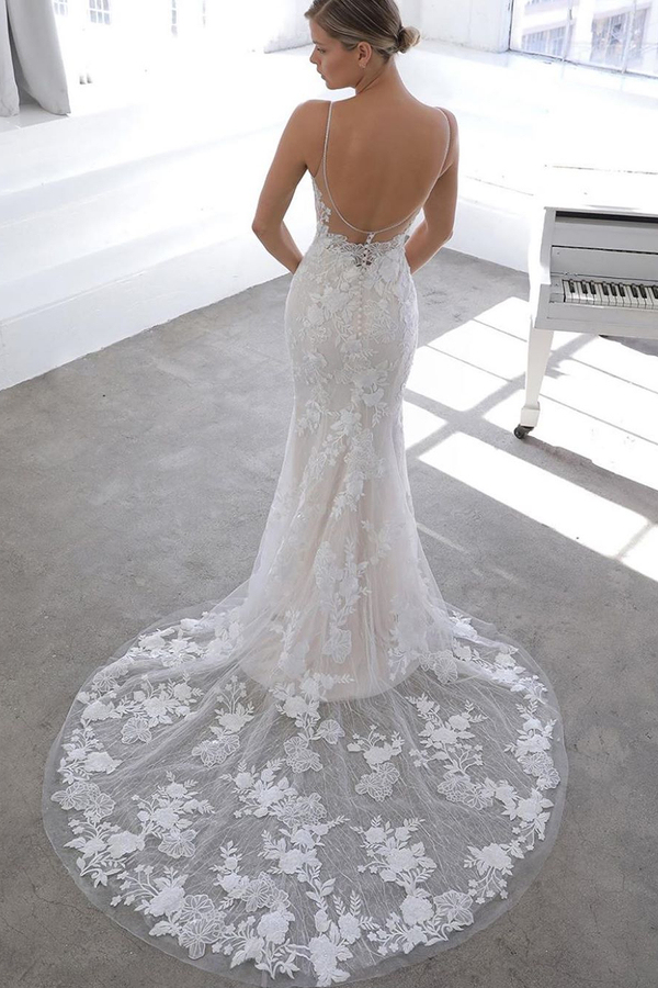 Spaghetti Strap See-Through Lace Column Wedding Dress with Tulle Overskirt