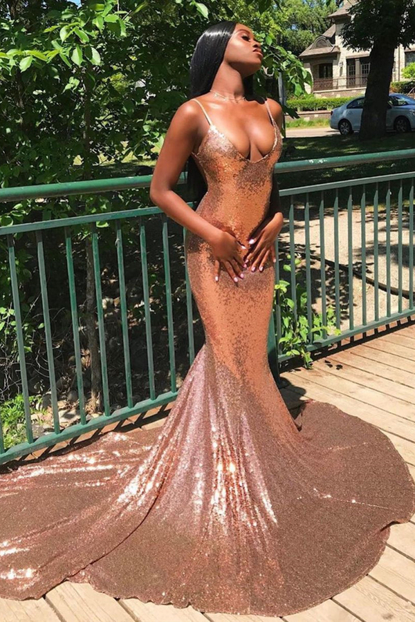 Spaghetti Strap Sequins Mermaid Prom Dress | Sexy V-Neck Evening Wear Dress