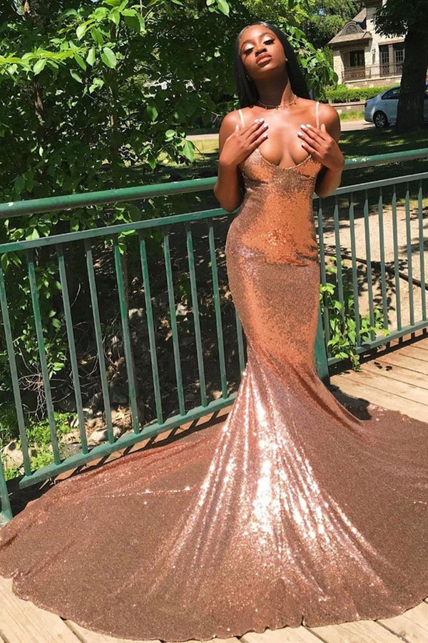 Spaghetti Strap Sequins Mermaid Prom Dress | Sexy V-Neck Evening Wear Dress
