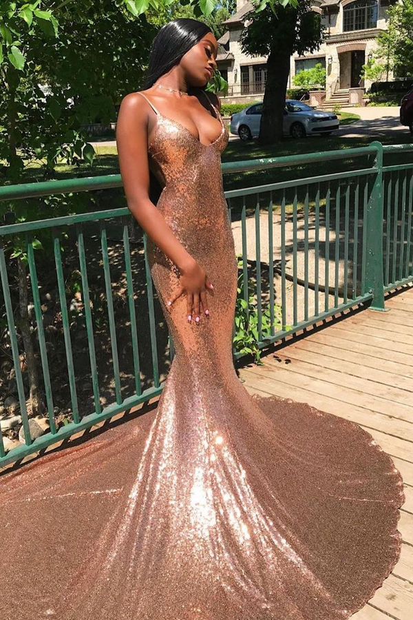 Spaghetti Strap Sequins Mermaid Prom Dress | Sexy V-Neck Evening Wear Dress