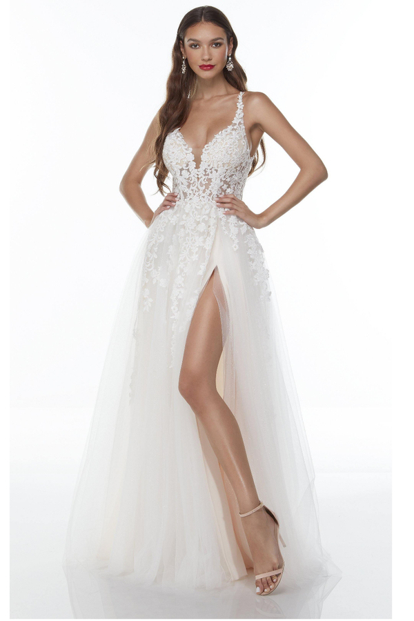 Spaghetti Strap V-Neck Lace Wedding Gown with Side Split