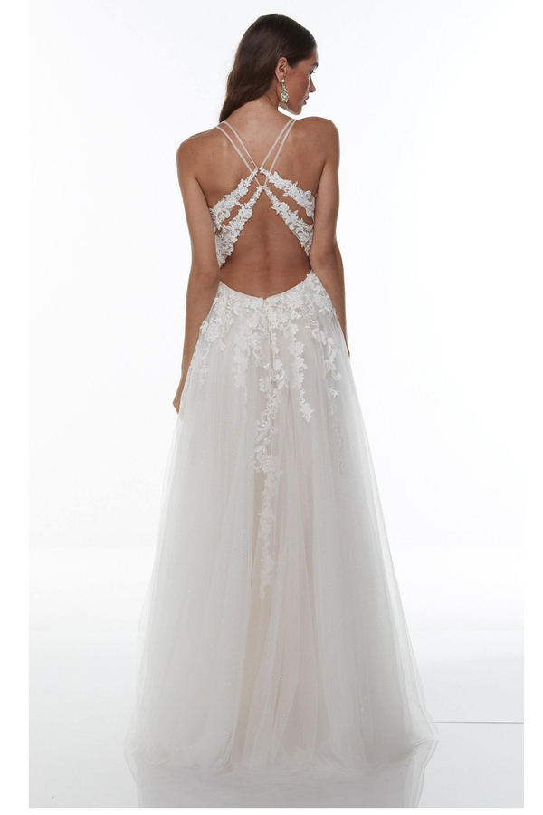 Spaghetti Strap V-Neck Lace Wedding Gown with Side Split
