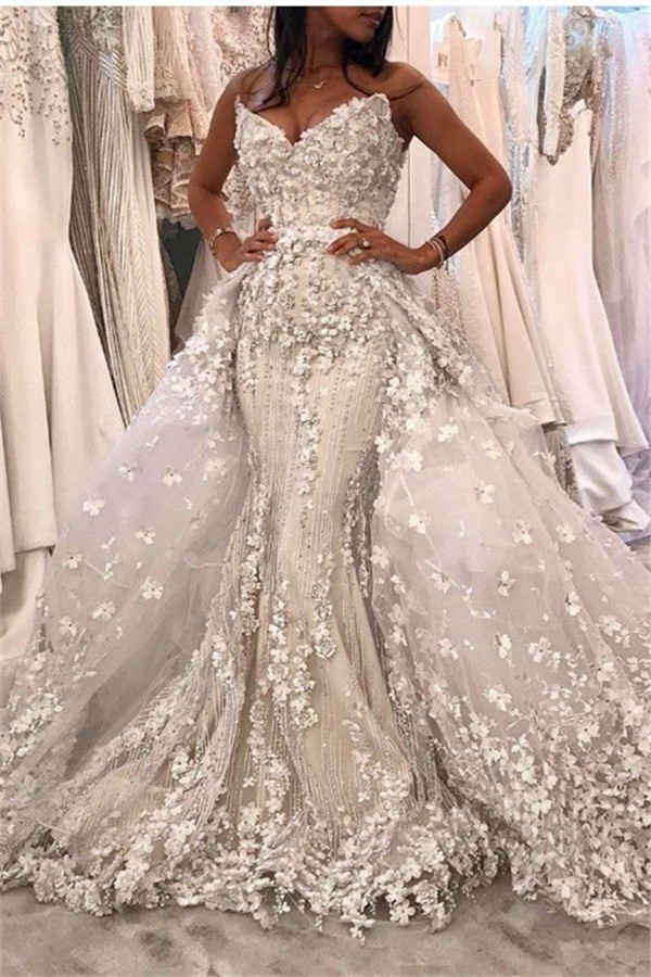 Spaghetti Strap White Mermaid Luxury Wedding Dress with Lace Sweep Train