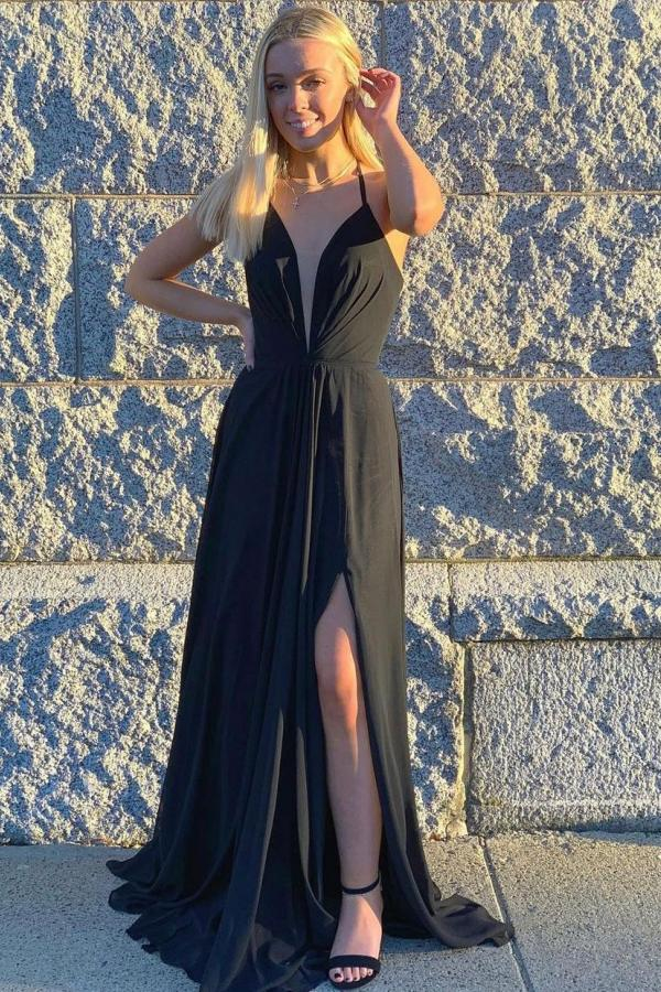 Spaghetti Straps Black Side Slit Sexy Prom Dress