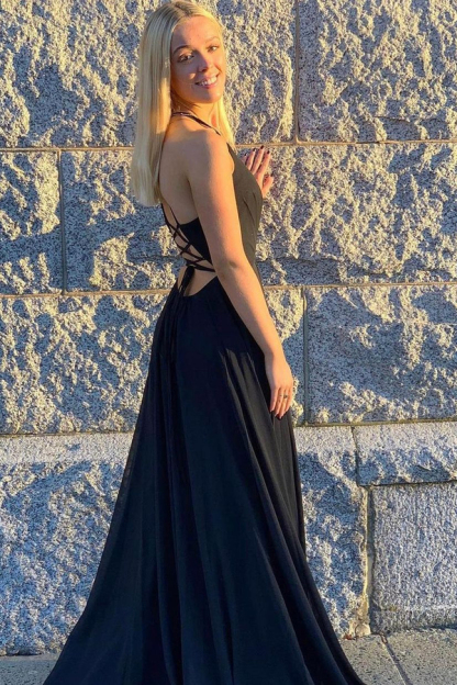 Spaghetti Straps Black Side Slit Sexy Prom Dress