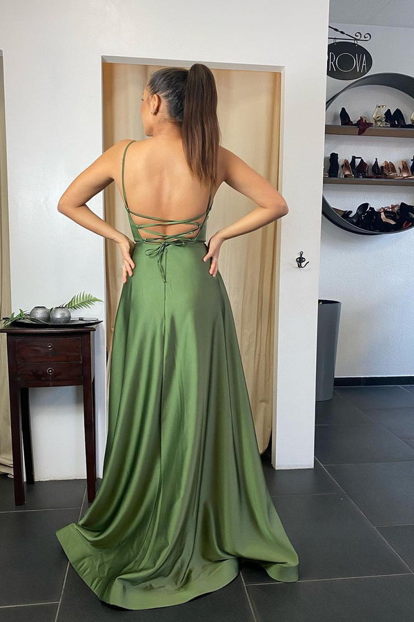 Spaghetti Straps Casual Evening Dress Simple Side Split Satin Formal Dress with Pockets