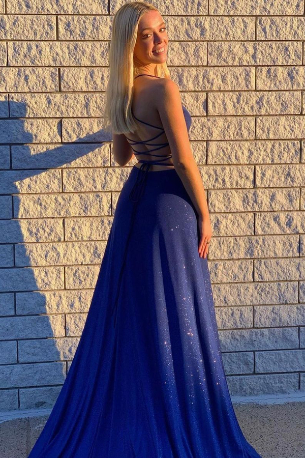 Spaghetti Straps Glitter Sequins V-Neck Evening Maxi Dress
