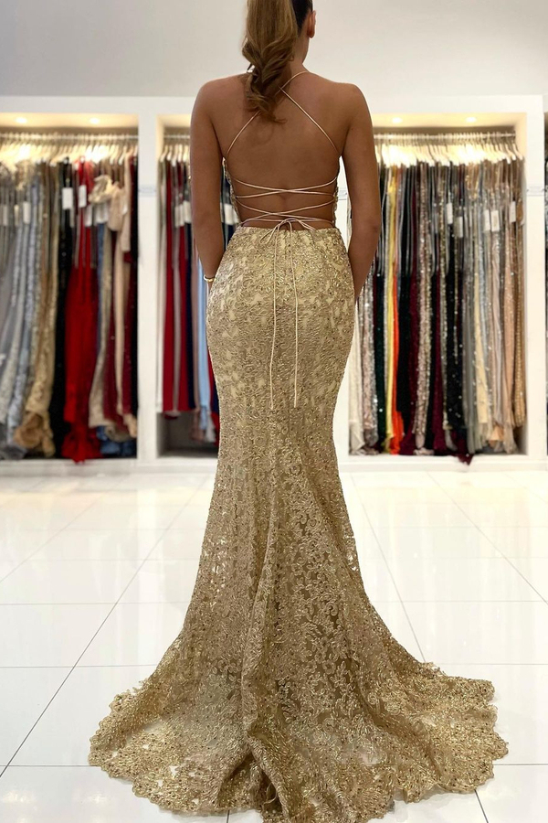 Charming Spaghetti Straps Lace Appliques Mermaid Prom Gown Sleeveless Long Evening Dress
