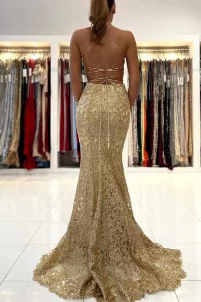 Charming Spaghetti Straps Lace Appliques Mermaid Prom Gown Sleeveless Long Evening Dress