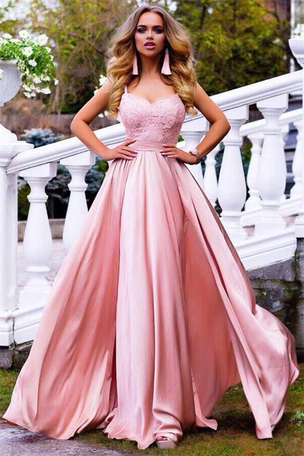 Spaghetti Straps Pink Formal Evening Dress Sleeveless Ball Gown