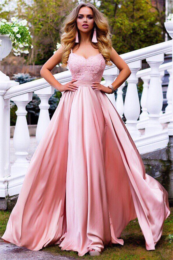 Spaghetti Straps Pink Formal Evening Dress Sleeveless Ball Gown