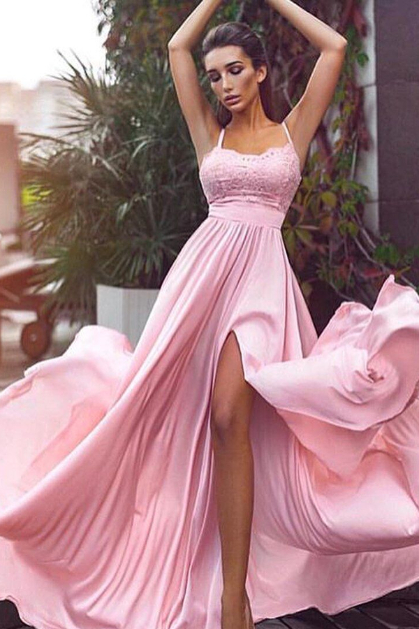 Spaghetti Straps Pink Formal Evening Dress Sleeveless Ball Gown