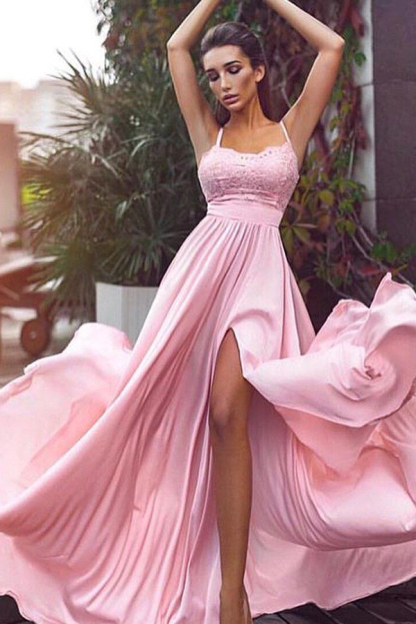 Spaghetti Straps Pink Formal Evening Dress Sleeveless Ball Gown