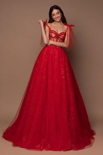 Spaghetti Straps Red Tulle Sequins A-Line Wedding Party Dress