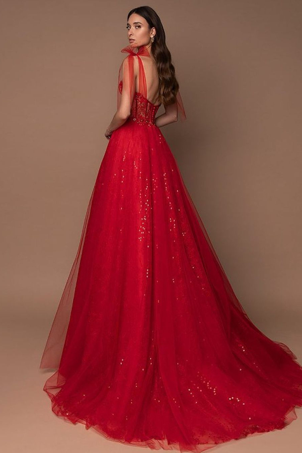 Spaghetti Straps Red Tulle Sequins A-Line Wedding Party Dress