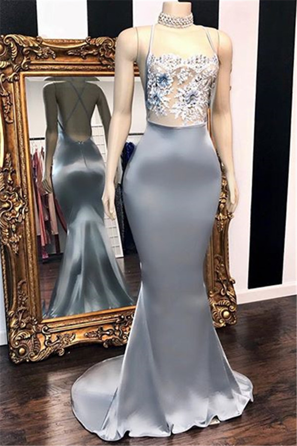 Spaghetti Straps Sexy Open Back Prom Dress | Lace Appliques Mermaid Evening Dress