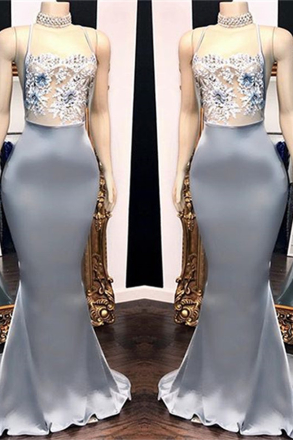 Spaghetti Straps Sexy Open Back Prom Dress | Lace Appliques Mermaid Evening Dress