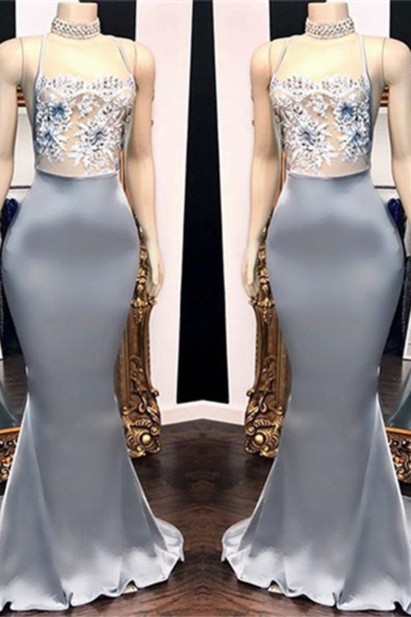 Spaghetti Straps Sexy Open Back Prom Dress | Lace Appliques Mermaid Evening Dress