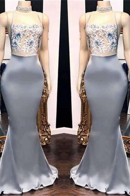 Spaghetti Straps Sexy Open Back Prom Dress | Lace Appliques Mermaid Evening Dress